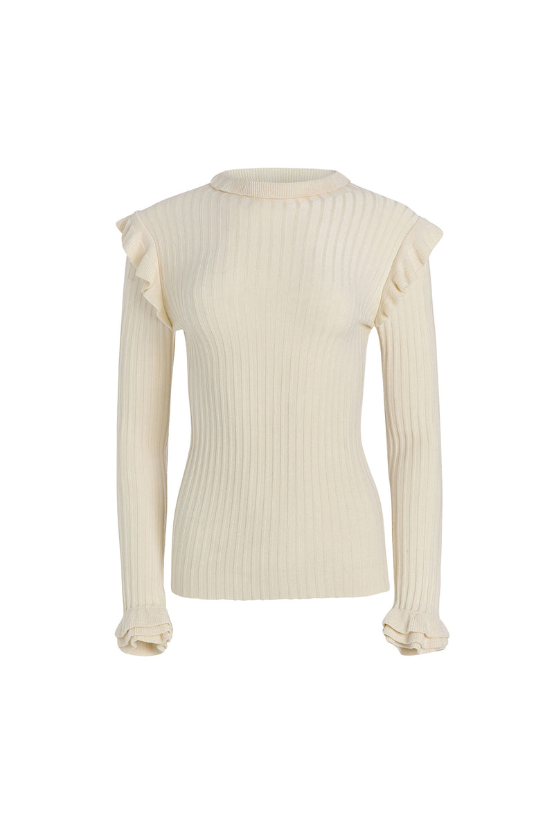 Cream colored ribbed turtleneck sweater with ruffle details